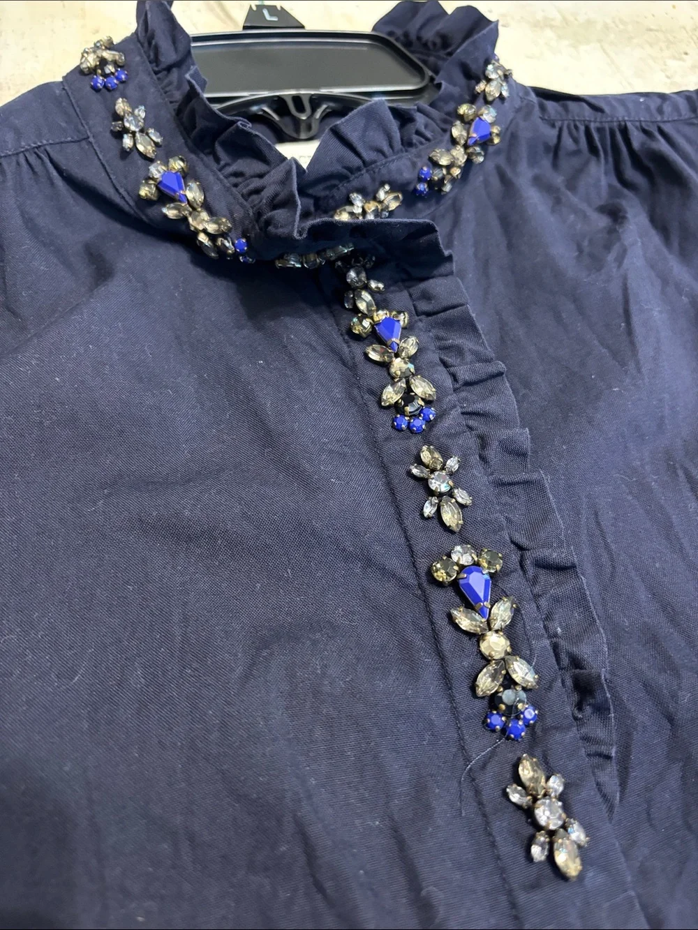 J.Crew Navy Sleeveless Beaded Ruffle-Neck button down